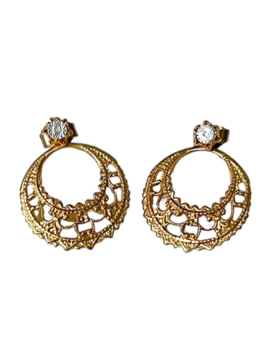 Vintage gold henna medallion hoop etched stone convertible post earrings